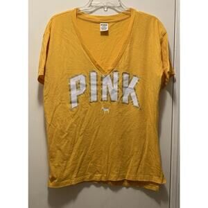 Victoria Secrets Pink V-Neck T Shirt- Mustard Yellow Logo Graphic Tee-Sz medium